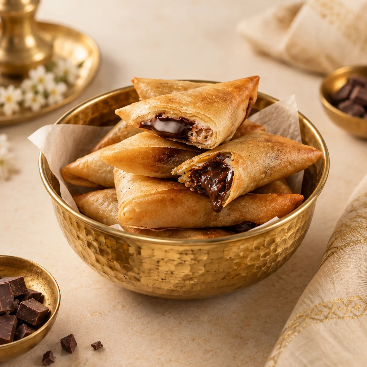 Mini chocolate samosas in a golden bowl
