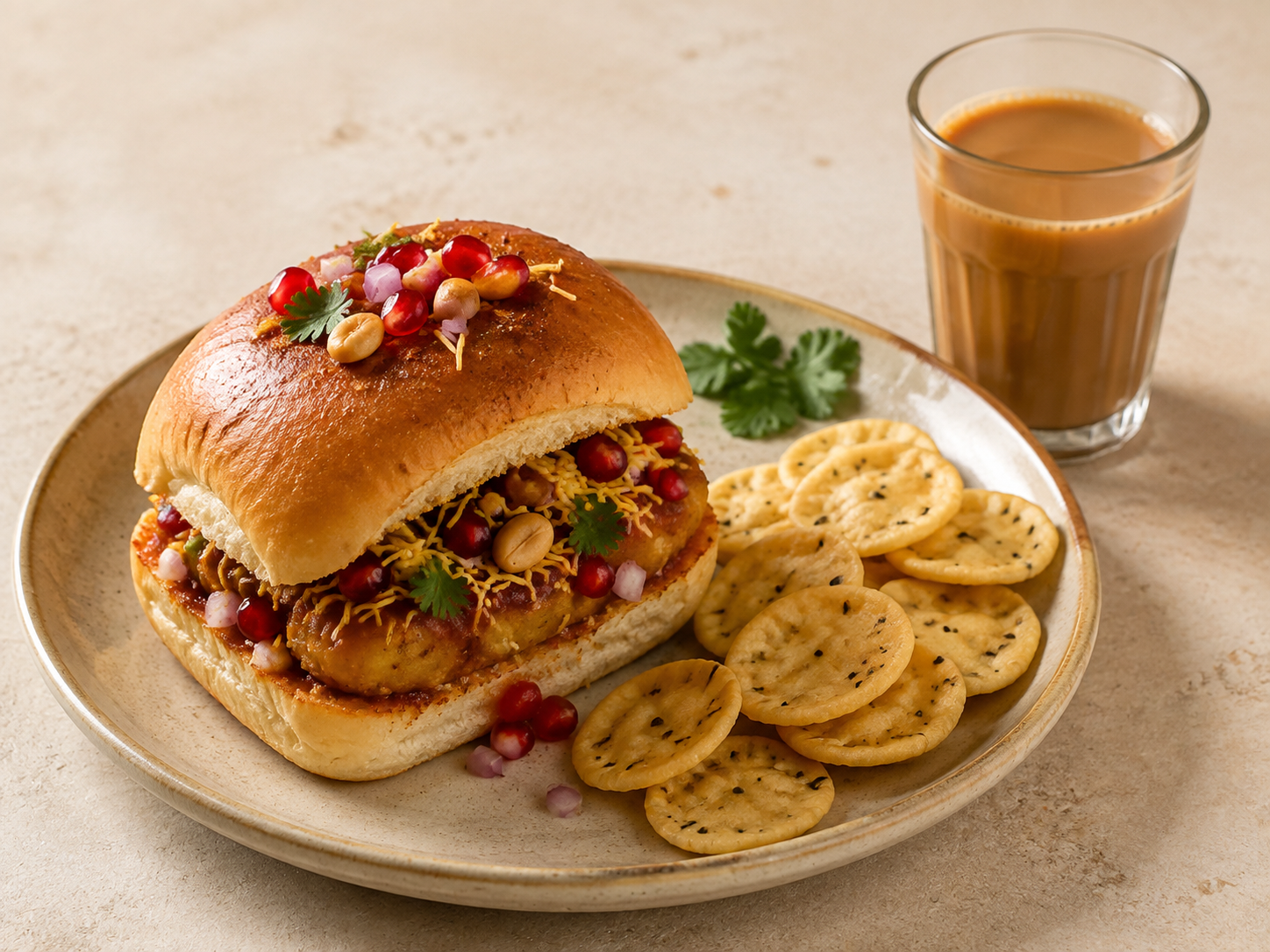 Dabeli meal with snack and masala chai