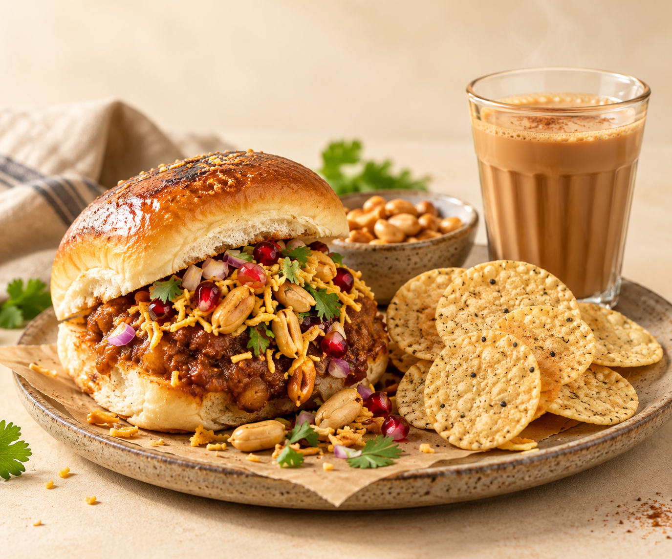 Dabeli Deal with Dabeli, small round poppadoms and masala chai