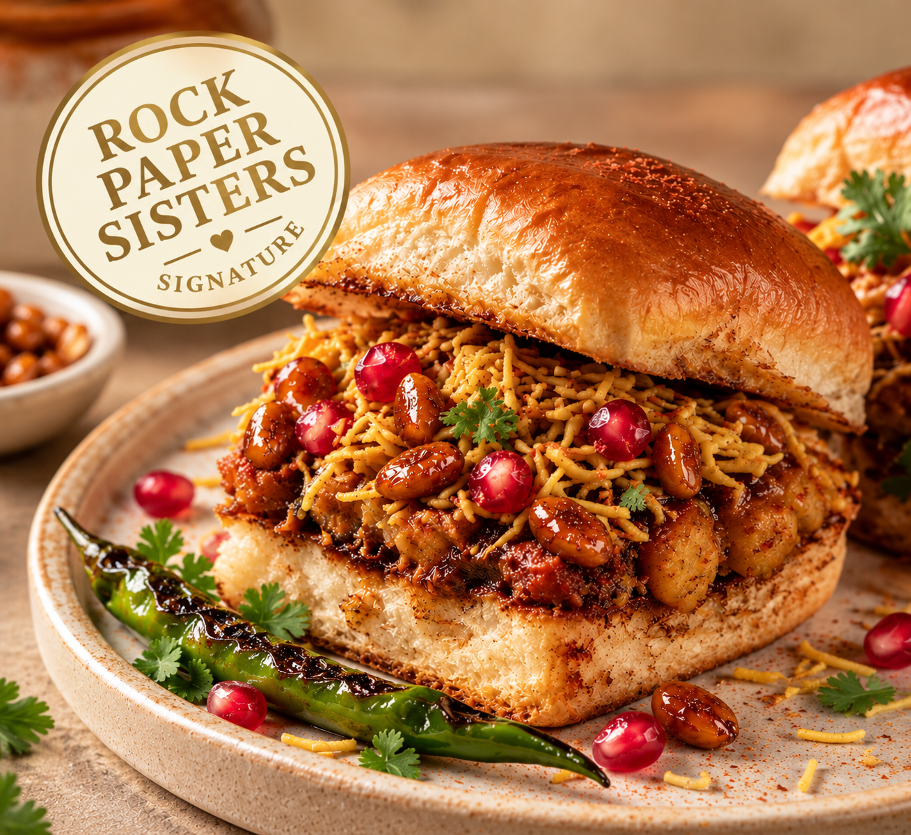 Rock Paper Sisters signature Drama Queen Dabeli with chutney and pomegranate