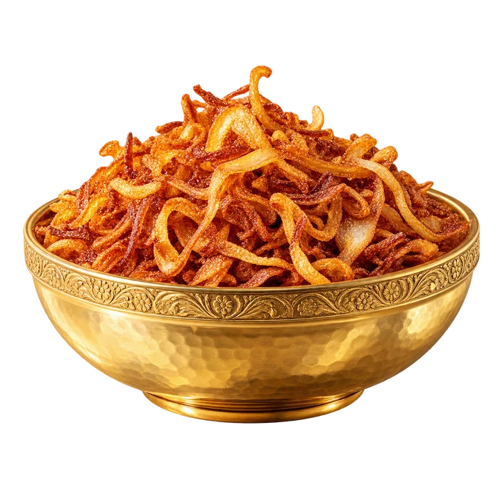 Crispy fried onion in a gold bowl