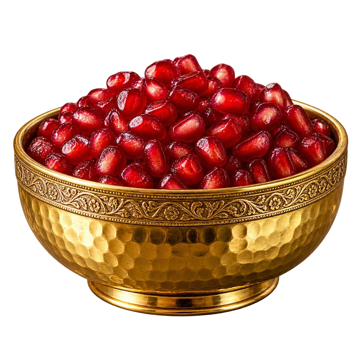 Juicy pomegranate seeds in a gold bowl