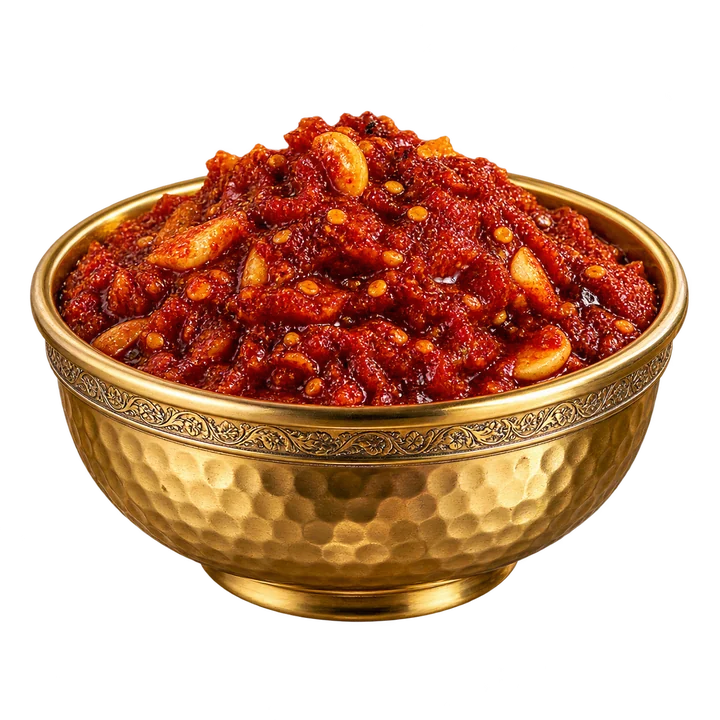 Spicy red chilli and garlic chutney in a gold bowl