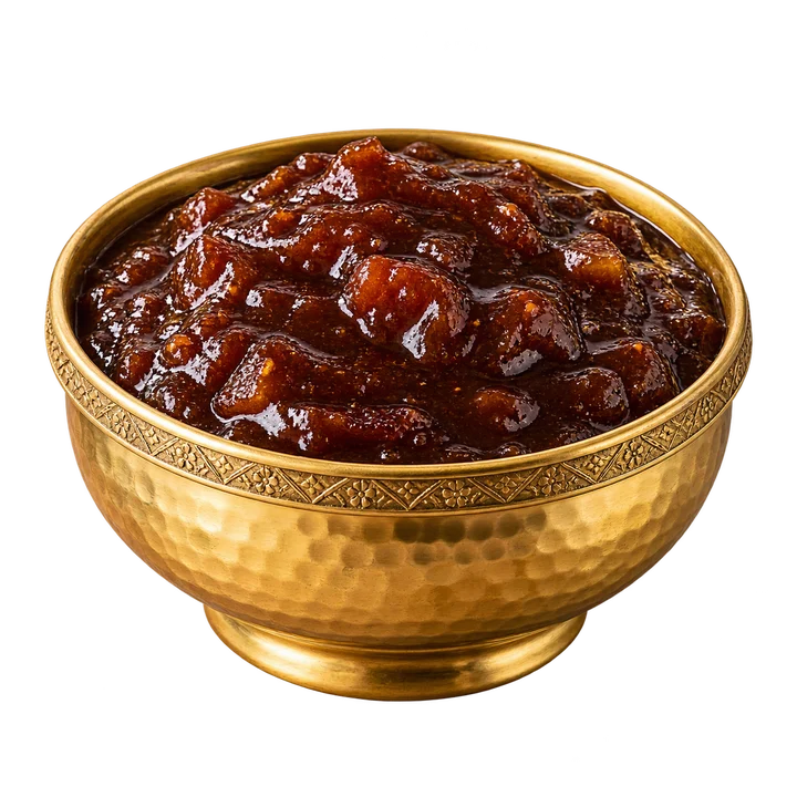 Sweet date and tamarind chutney in a gold bowl