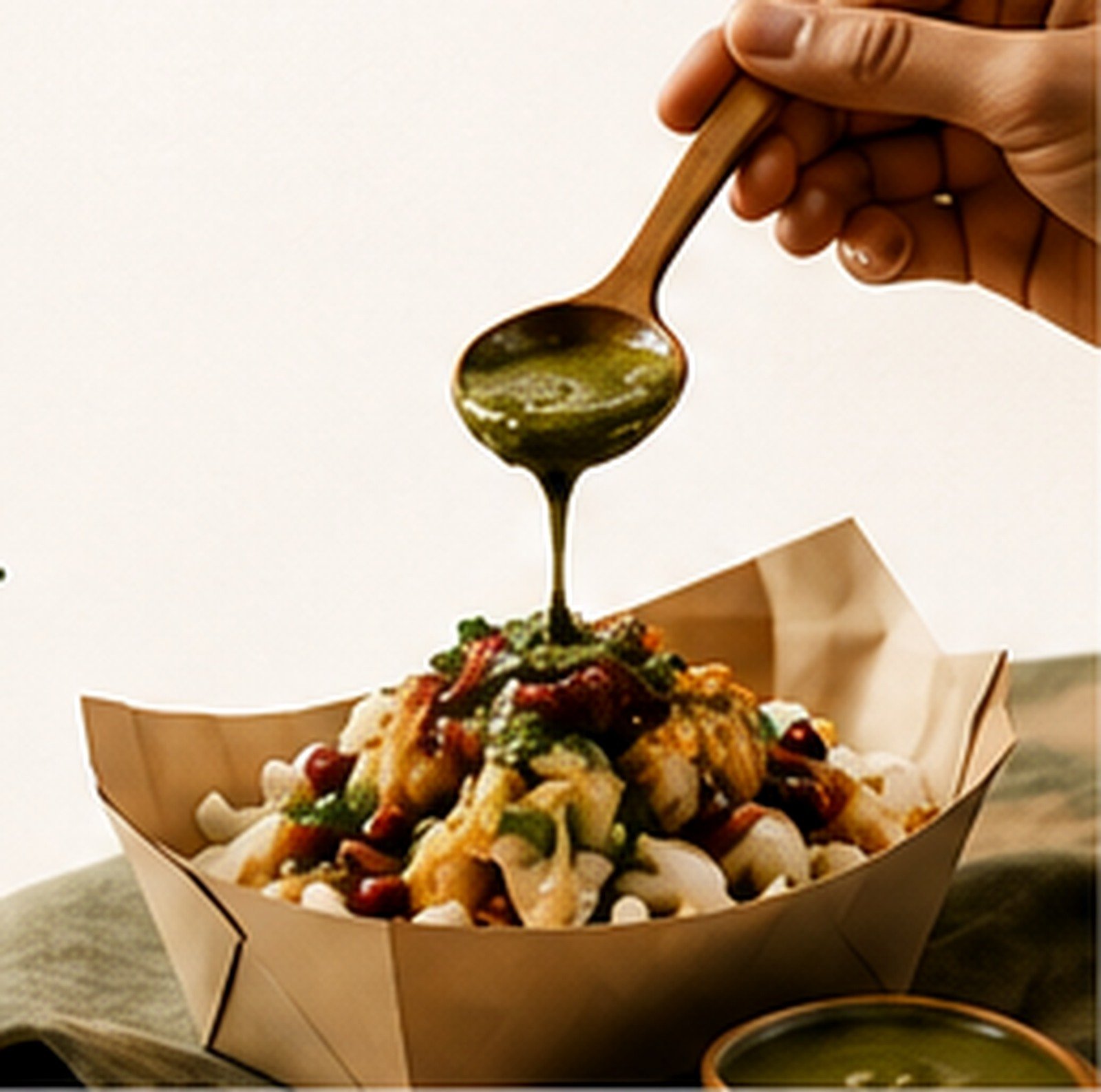 Fresh street food being dressed with chutney