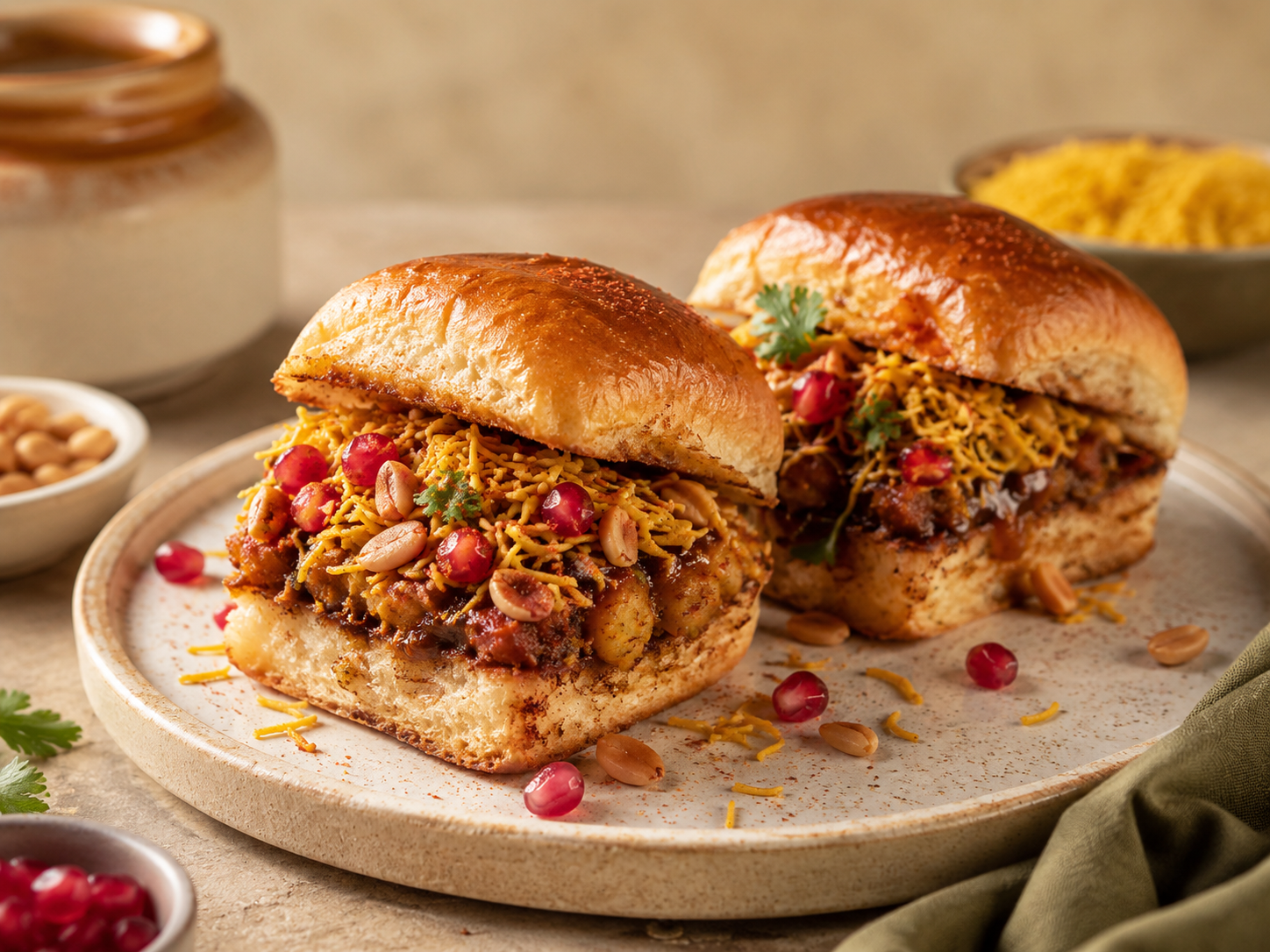 Rock Paper Sisters Dabeli with pomegranate, peanuts and sev